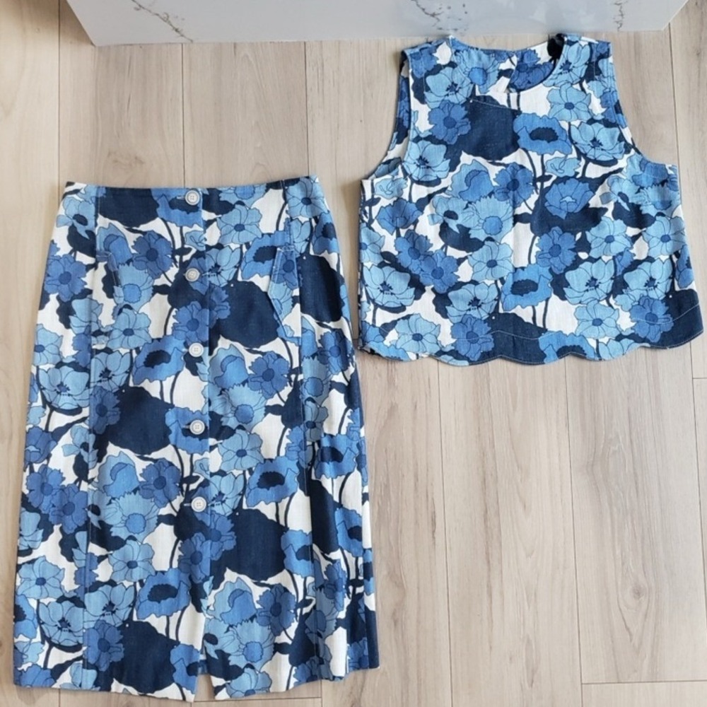 Tara Jarmon Floral Skirt Set Womens 40 Blue Cotton Two Piece Crop Top Midi Skirt